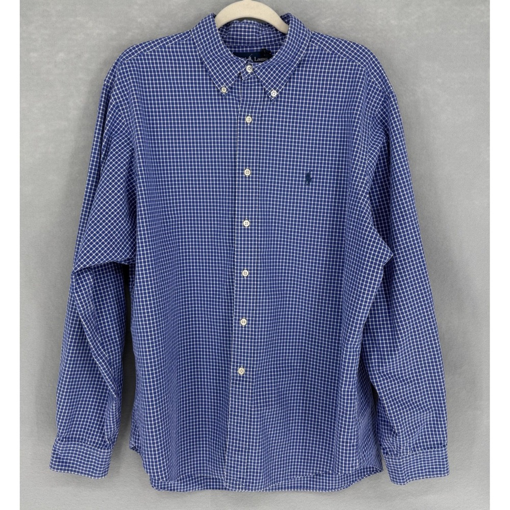Ralph Lauren Shirt Mens‎ 17.5 XL Blue Gingham Check LS Classic Fit Cotton Button